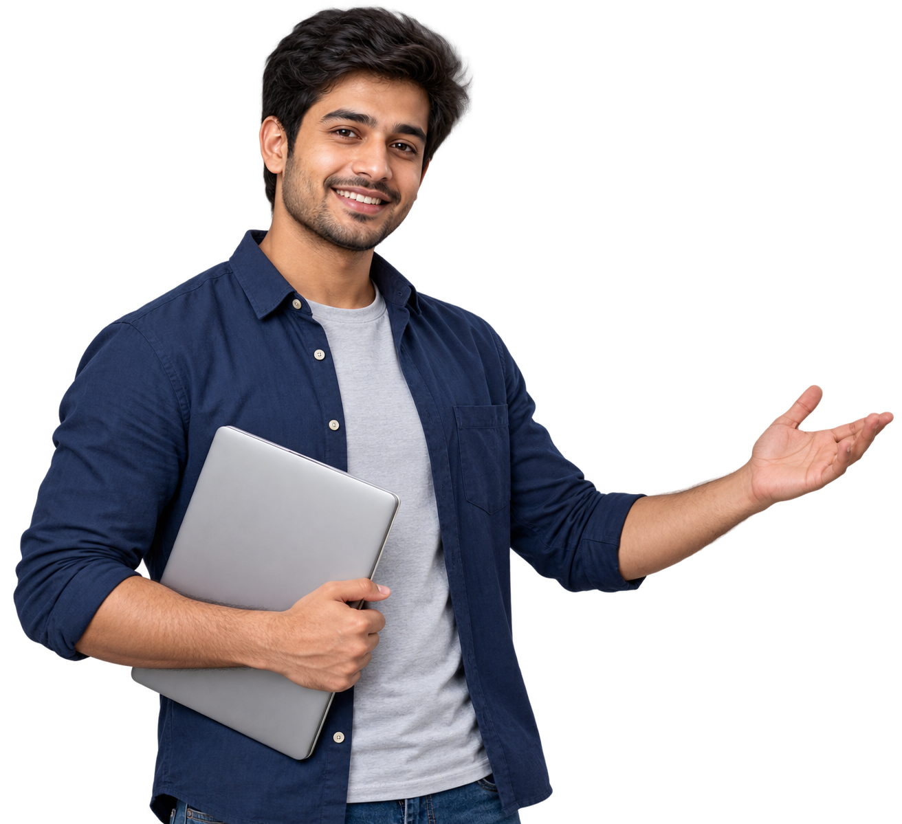 Illustrative graduate holding a laptop and presenting